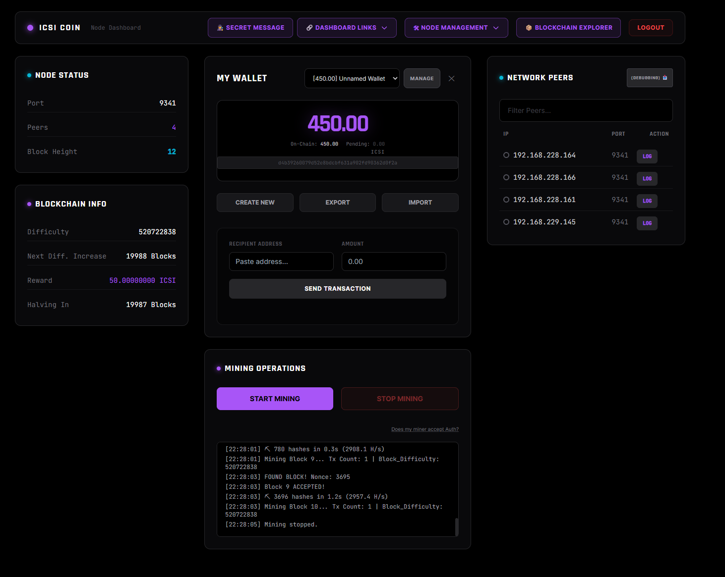 iCSI Coin Student Node Dashboard